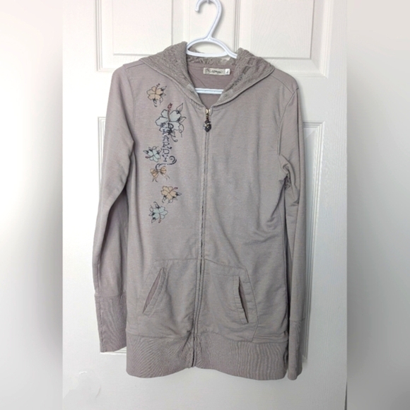 Vintage Ed Hardy Women's (Large) Slim Long Zip-Front Hoodie With Graphics & Lace - Picture 3 of 16